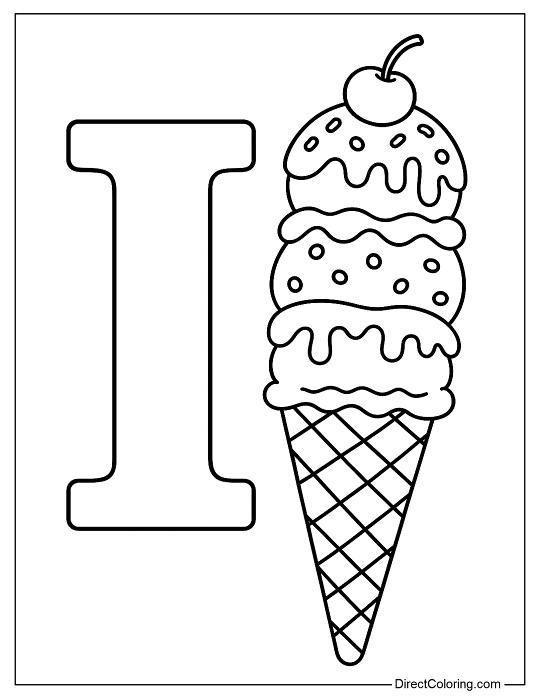 A coloring page of the letter I with many layers of ice cream topped with attractive toppings.